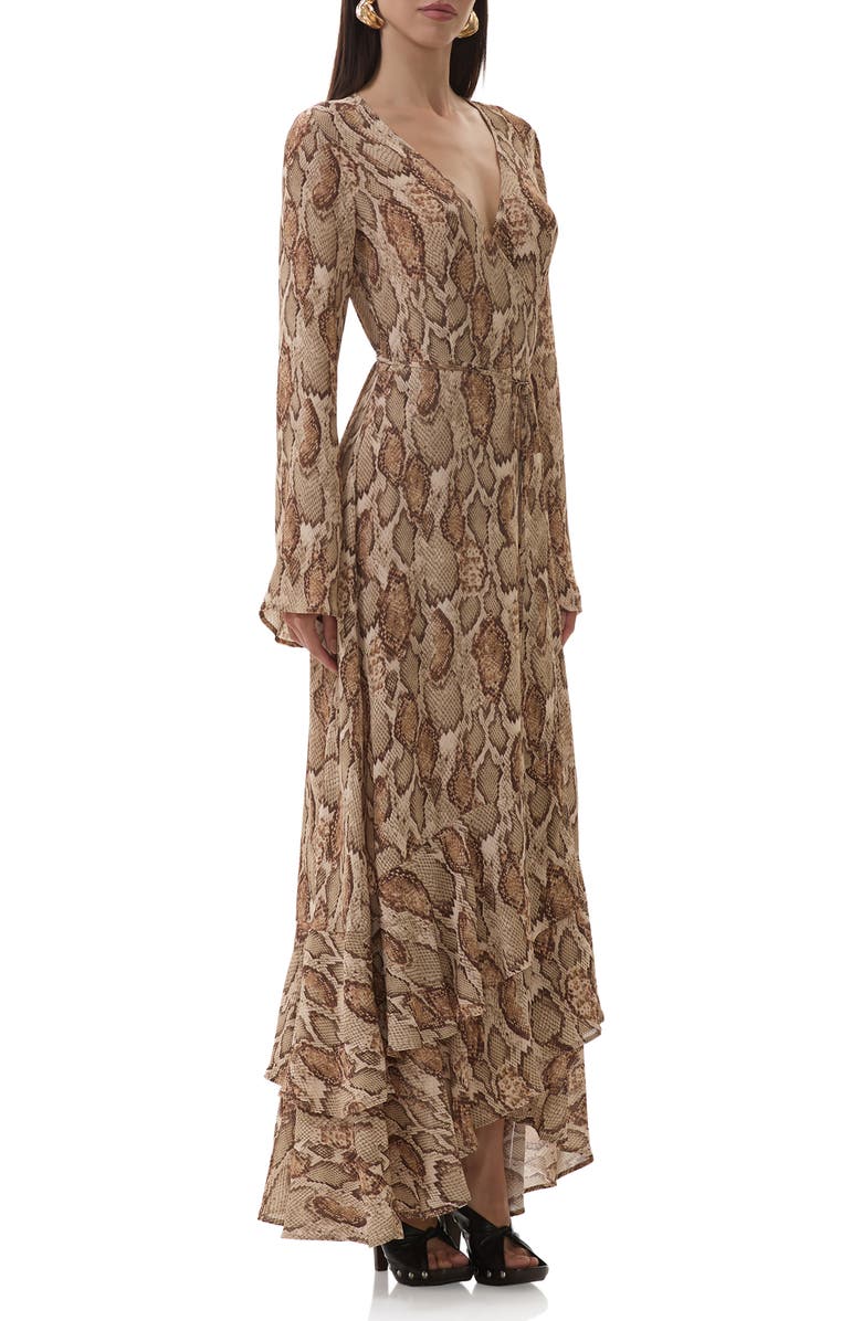 AFRM Mimi Snakeskin Print Long Sleeve Wrap Dress, Alternate, color, Sand Snake