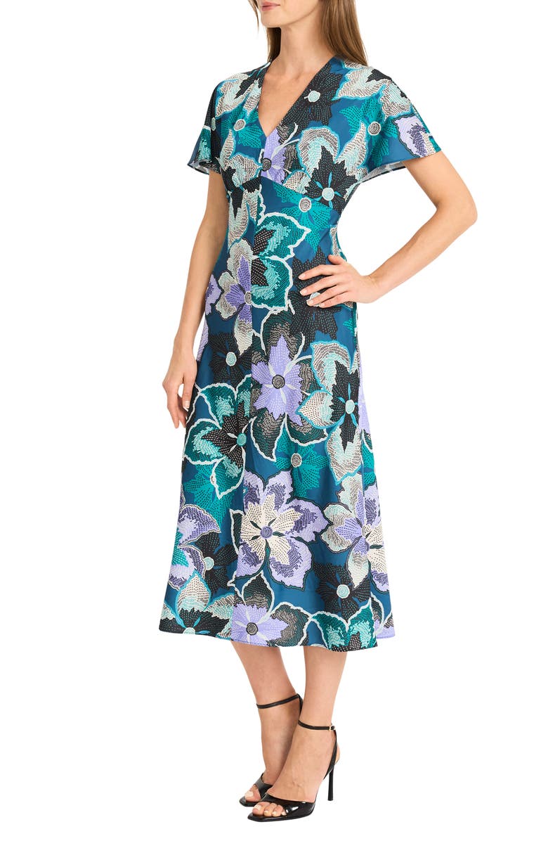 Maggy London Flutter Sleeve Midi Dress, Alternate, color, Ocean Depths/ Peacock