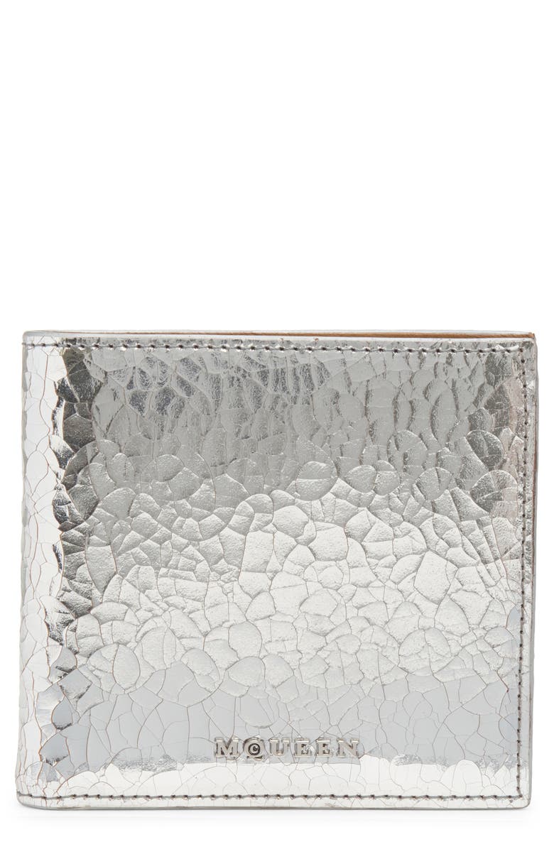 McQueen Crackled Metallic Leather Bifold Wallet, Main, color, 