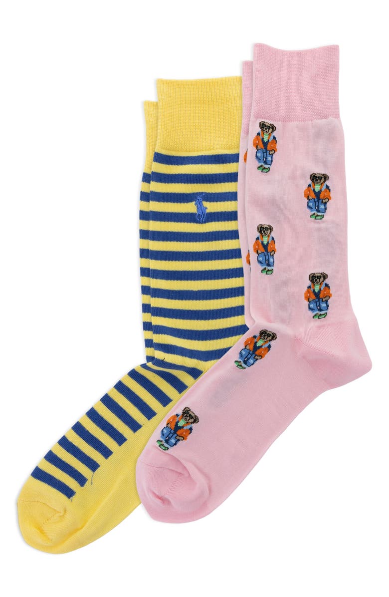 Polo Ralph Lauren Assorted 2-Pack Stripe & Polo Bear Cotton Blend Dress Socks, Main, color, Pink