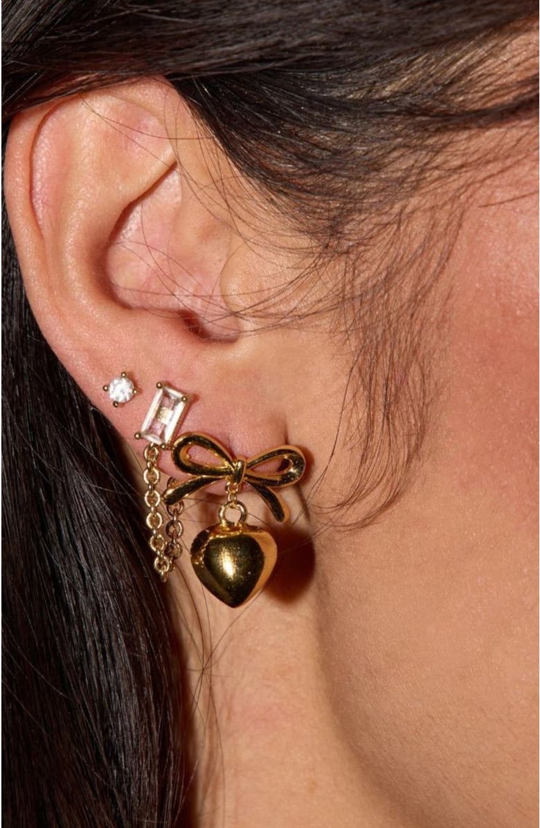 Nickel & Suede Bow & Heart Drop Earrings, Alternate, color, Gold