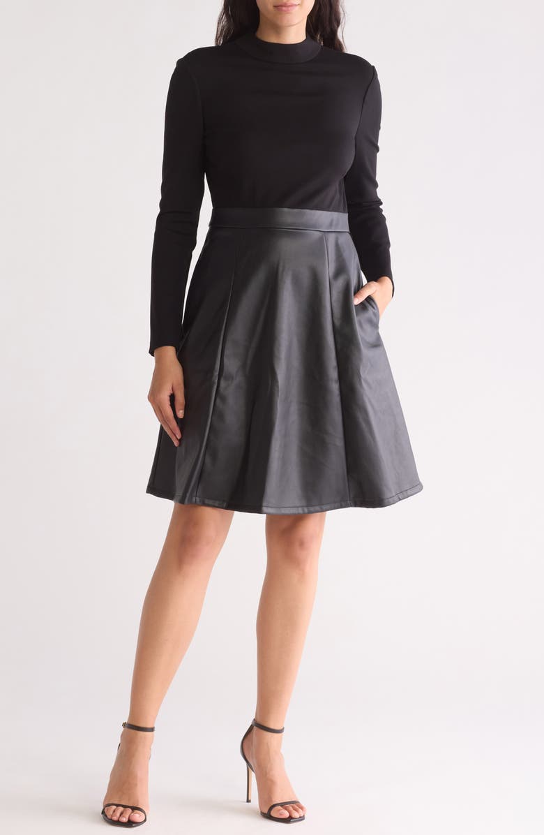 Eliza J Mock Neck Knit & Faux Leather Twofer Dress, Main, color, Black