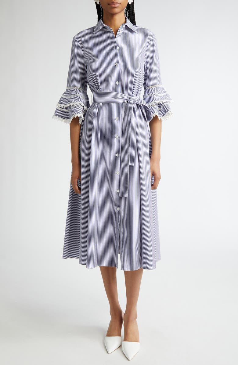 Carolina Herrera Stripe Tiered Ruffle Sleeve Belted Poplin Shirtdress, Main, color, White/ Blue