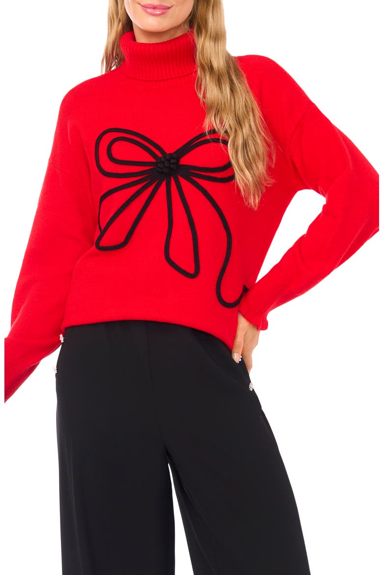 Bow Detail Turtleneck Sweater, Main, color, BRIGHT CHERRY