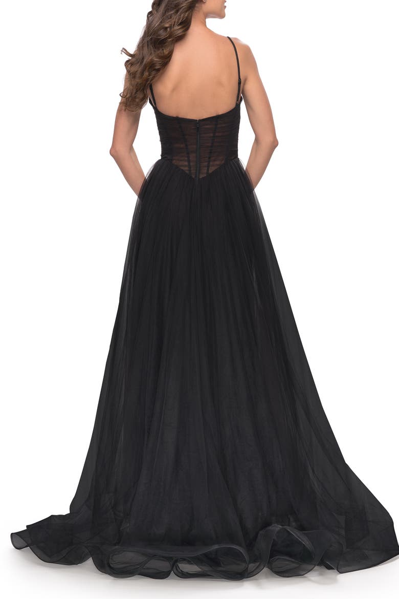 A-Line Tulle Gown with Illusion Bodice and Boning, Alternate, color, Black