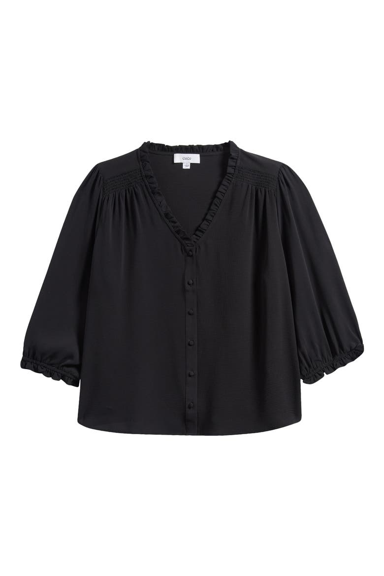 Ruffle Trim V-Neck Button-Up Top, Alternate, color, RICH BLACK