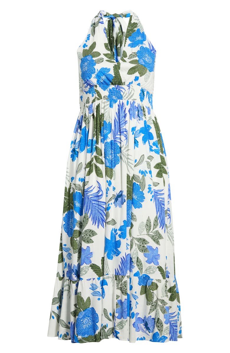 SUGARLIPS Zurie Floral Niam Smocked Midi Dress, Alternate, color, Wht-Blue-Green