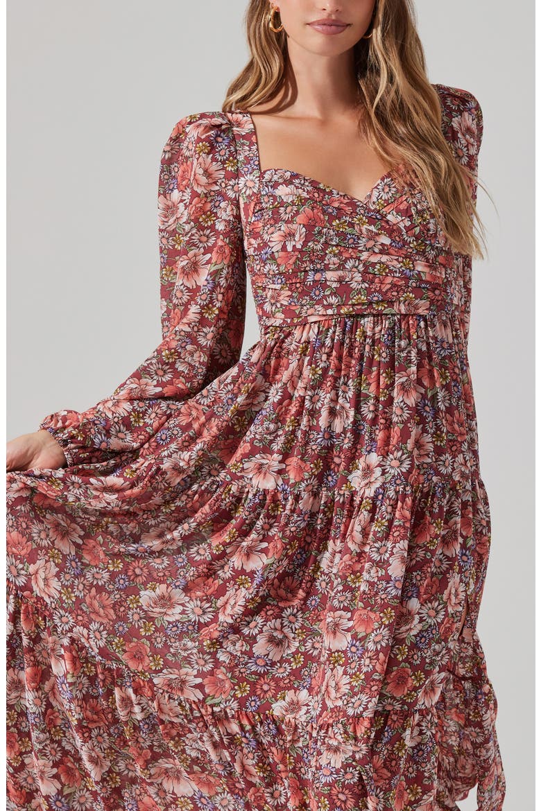 Floral Pleated Long Sleeve Midi Dress, Alternate, color, RUST ML FL