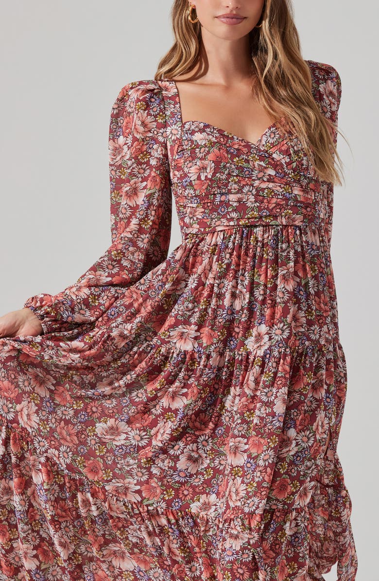 ASTR the Label Floral Pleated Long Sleeve Midi Dress, Alternate, color, Rust Multi Floral