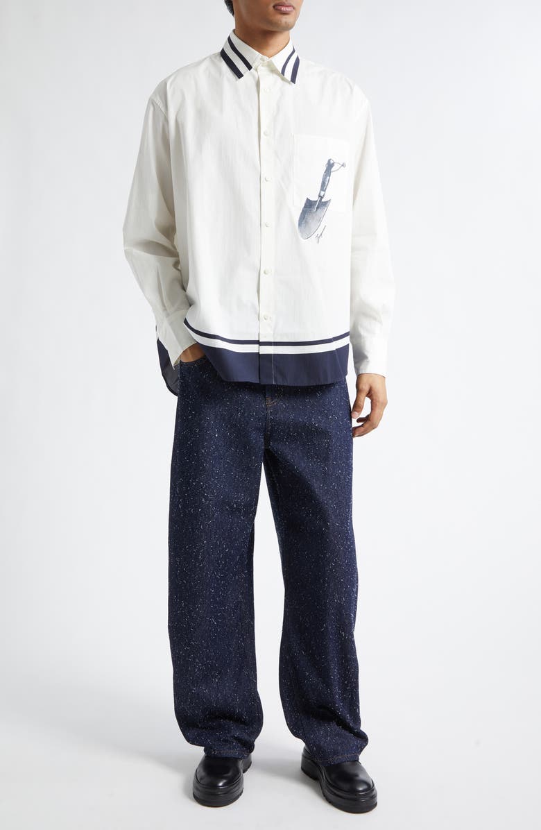 Jacquemus La Chemise Camargue Cotton Button-Up Shirt, Alternate, color, Blue Shovel Placement Print