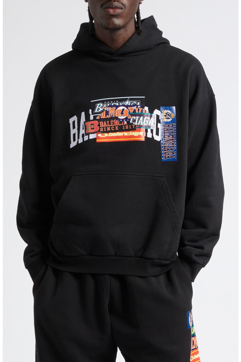 Medium Fit Bumper Stickers Appliqué Graphic Hoodie, Main, color, BLACK