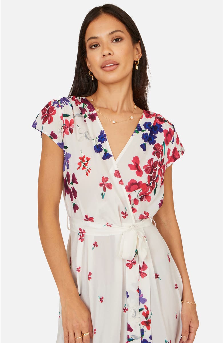 Yumi Floral Mirror Dip Hem Wrap Dress, Alternate, color, Ivory