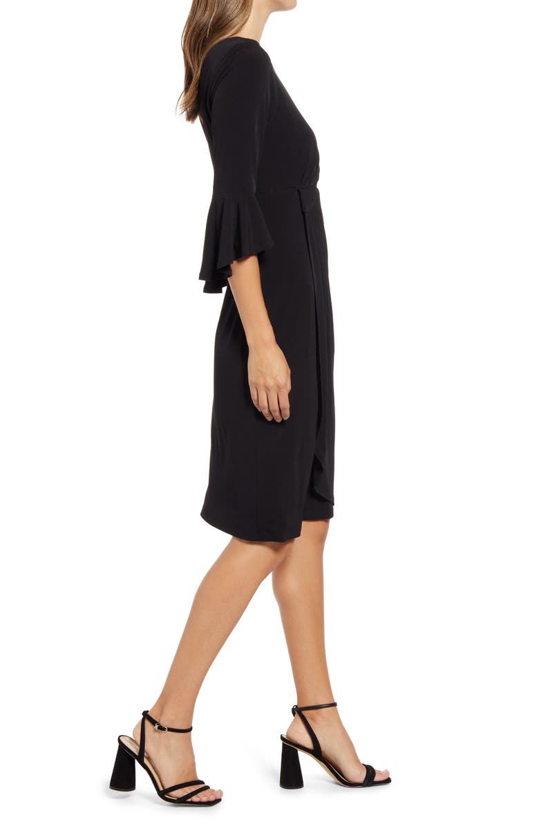 Connected Apparel Ruched Bell Sleeve Faux Wrap Cocktail Dress, Alternate, color, Black