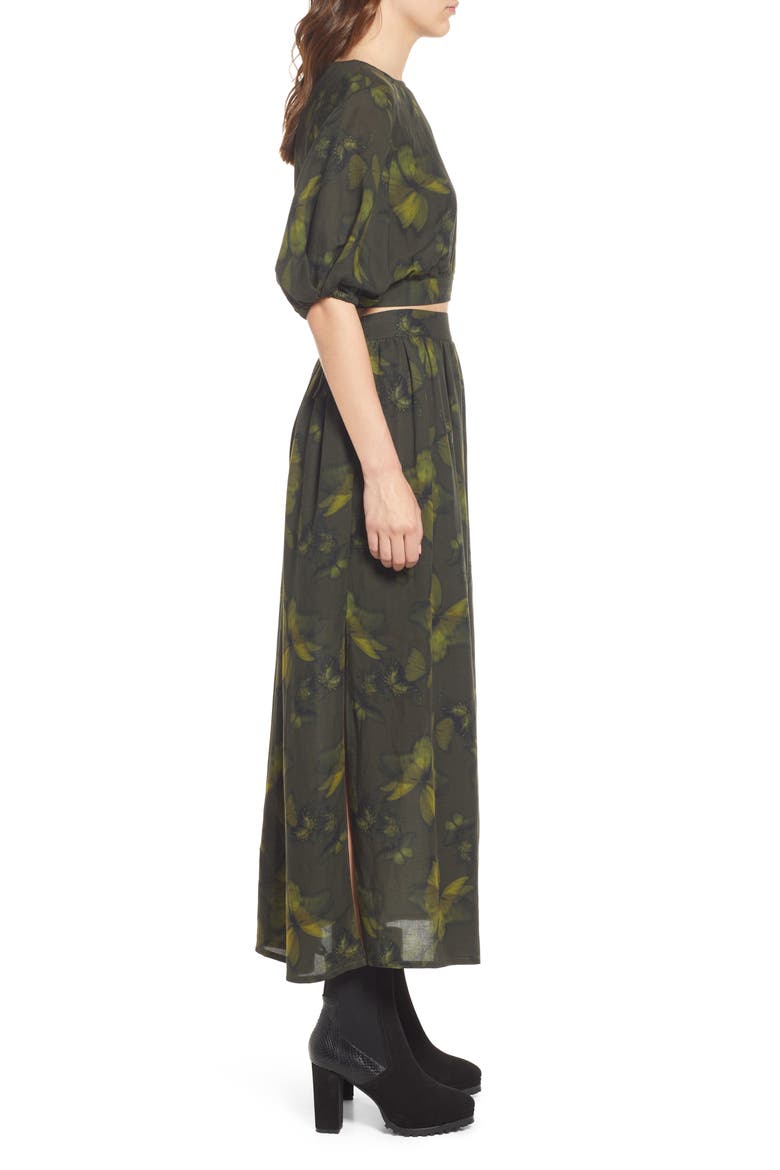 Puff Sleeve Butterfly Print Crop Top, Alternate, color, SYCAMORE GREEN