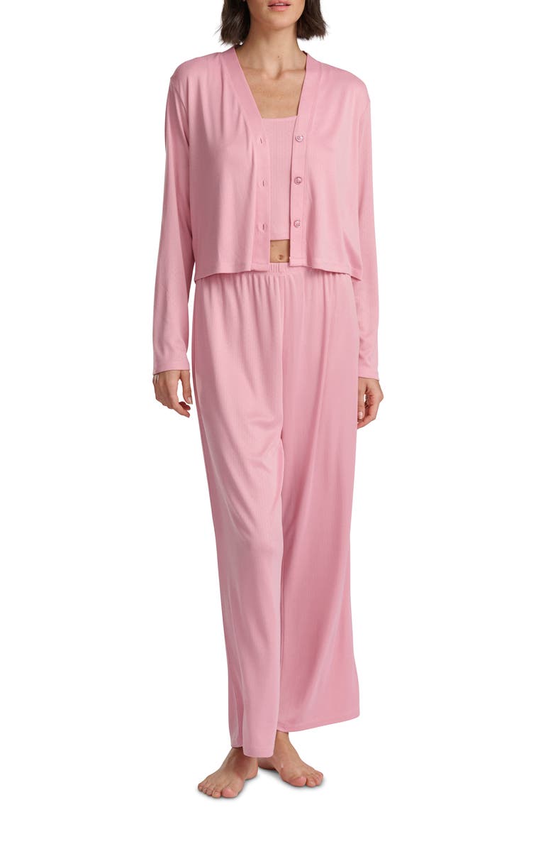 Splendid Pointelle Cardigan, Camisole & Pants Pajamas, Alternate, color, Pink Nectar