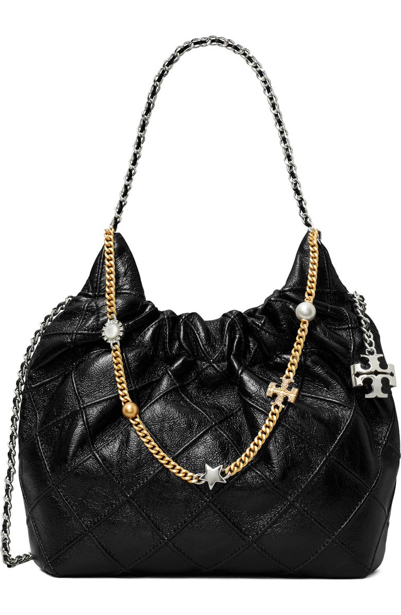 Tory Burch Mini Fleming Distressed Leather Hobo Bag, Main, color, Black