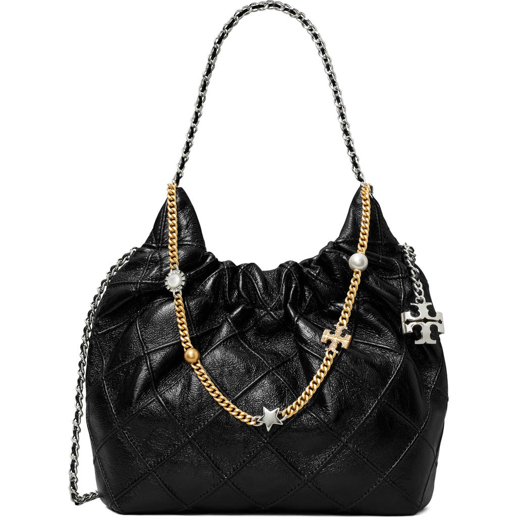 Tory Burch Mini Fleming Distressed Leather Hobo Bag In Pink