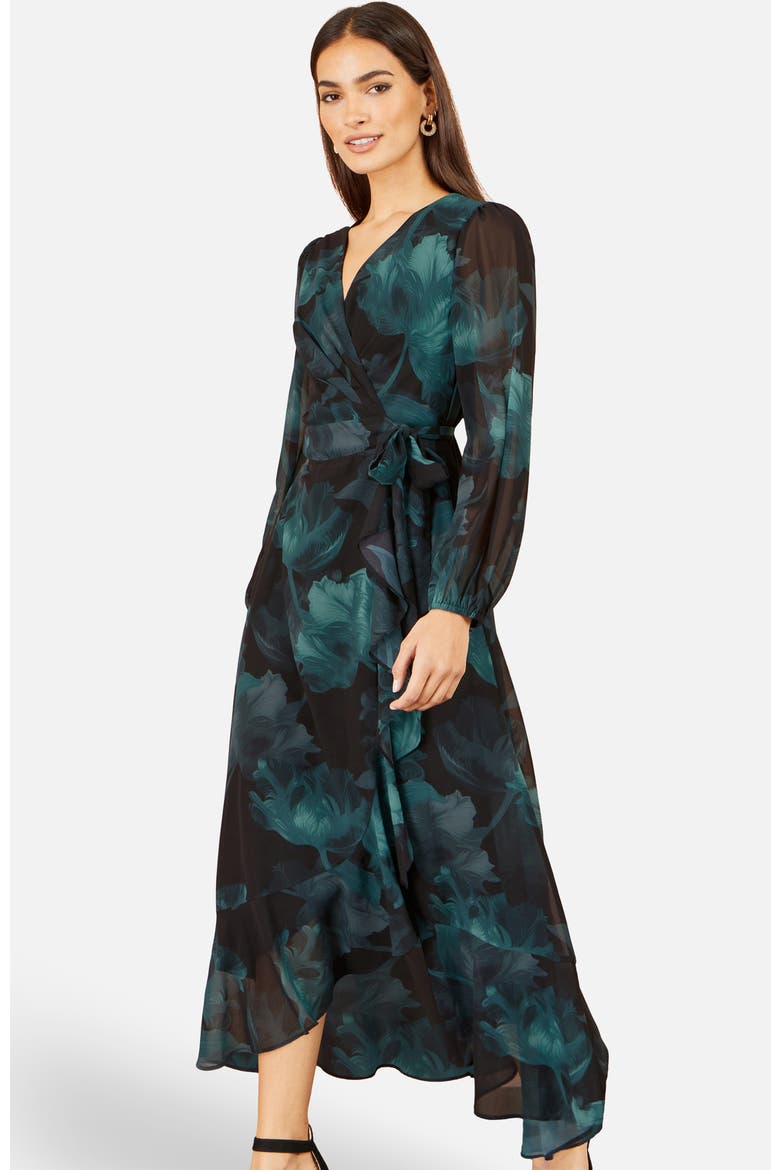 Floral Dipped Hem Wrap Midi Dress, Alternate, color, Black