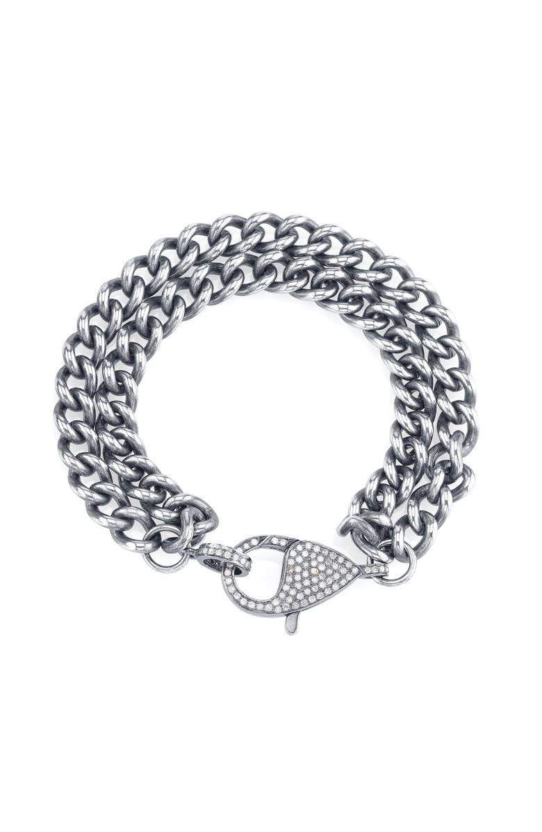 Sheryl Lowe Double Curb Chain Bracelet With Diamond Lobster Clasp, Main, color, Sterling Silver