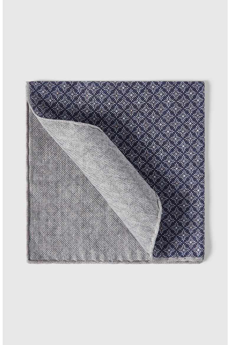 Linen and silk pocket square with geometric pattern, Main, color, Navy Blue
