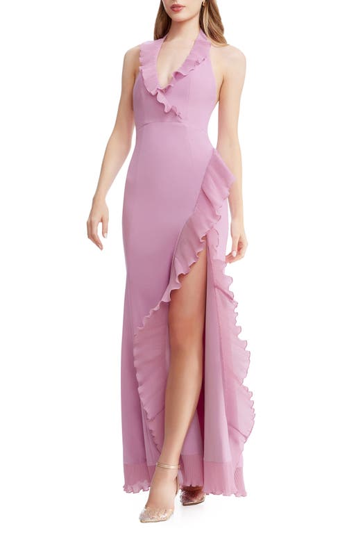 DRESS THE POPULATION DRESS THE POPULATION KATHLEEN RUFFLE HALTER GOWN WITH TRAIN