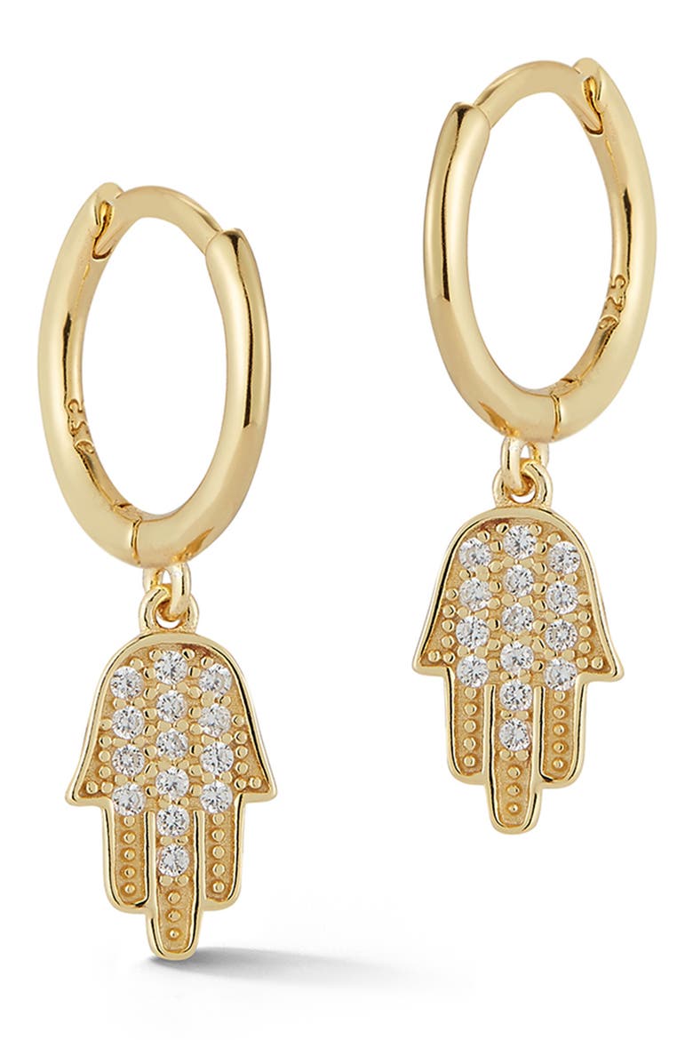 Yellow Gold Vermeil Pave CZ Hamsa Hand Huggie Hoop Earrings, Main, color, YELLOW GOLD