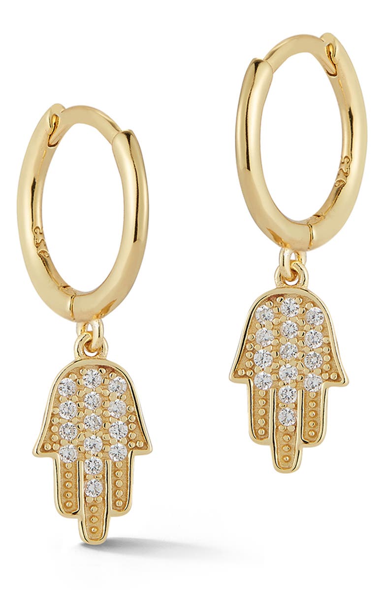 GLAZE JEWELRY Yellow Gold Vermeil Pave CZ Hamsa Hand Huggie Hoop Earrings, Main, color, 