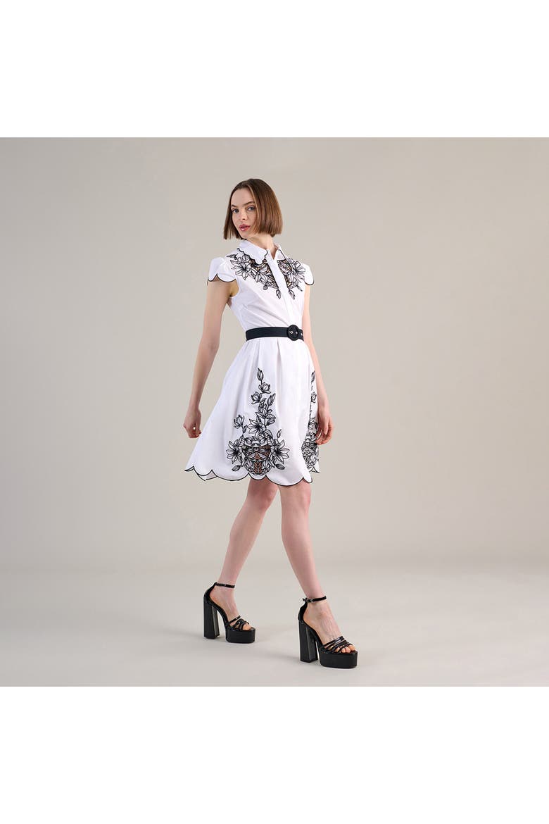 Women's Dress  Adelina White Poplin Shirt Dress With Black Embroidery Detailing, Scalloped Hem, Pockets & Removable Belt, Alternate, color, Black/White