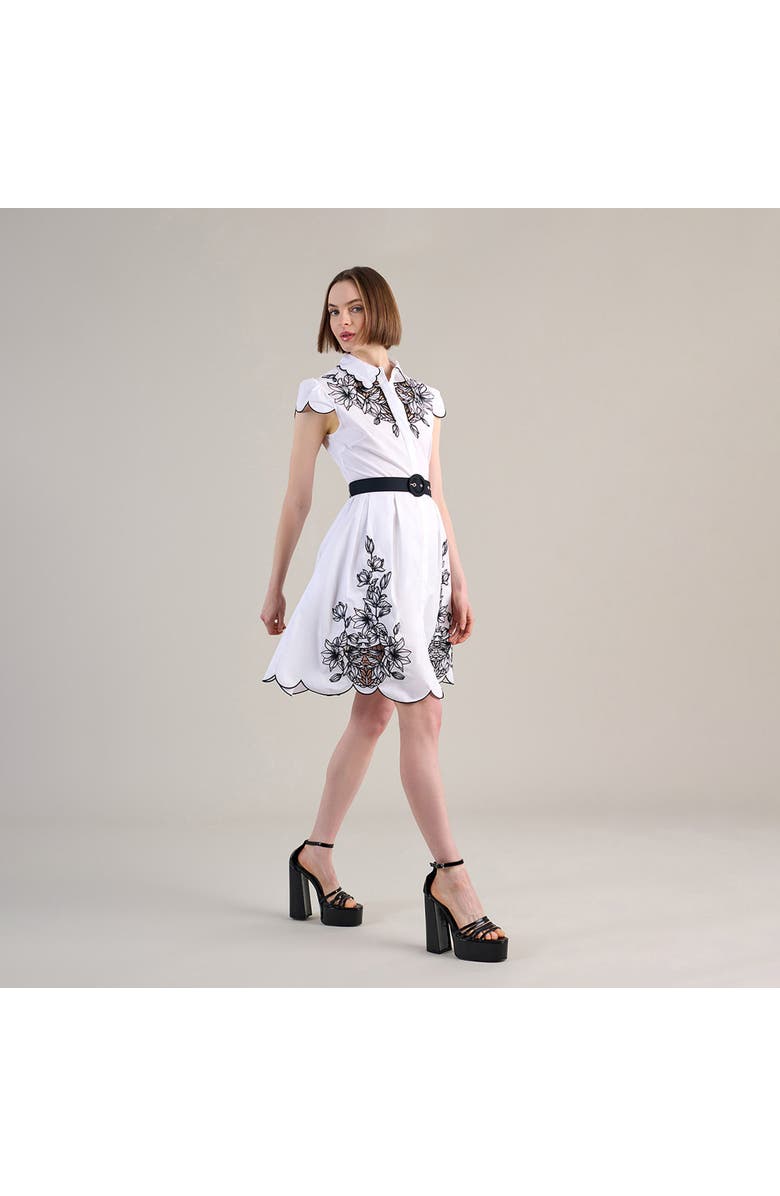 Anne Fontaine Women's Dress Adelina White Poplin Shirt Dress With Black Embroidery Detailing, Scalloped Hem, Pockets & Removable Belt, Alternate, color, Black/White