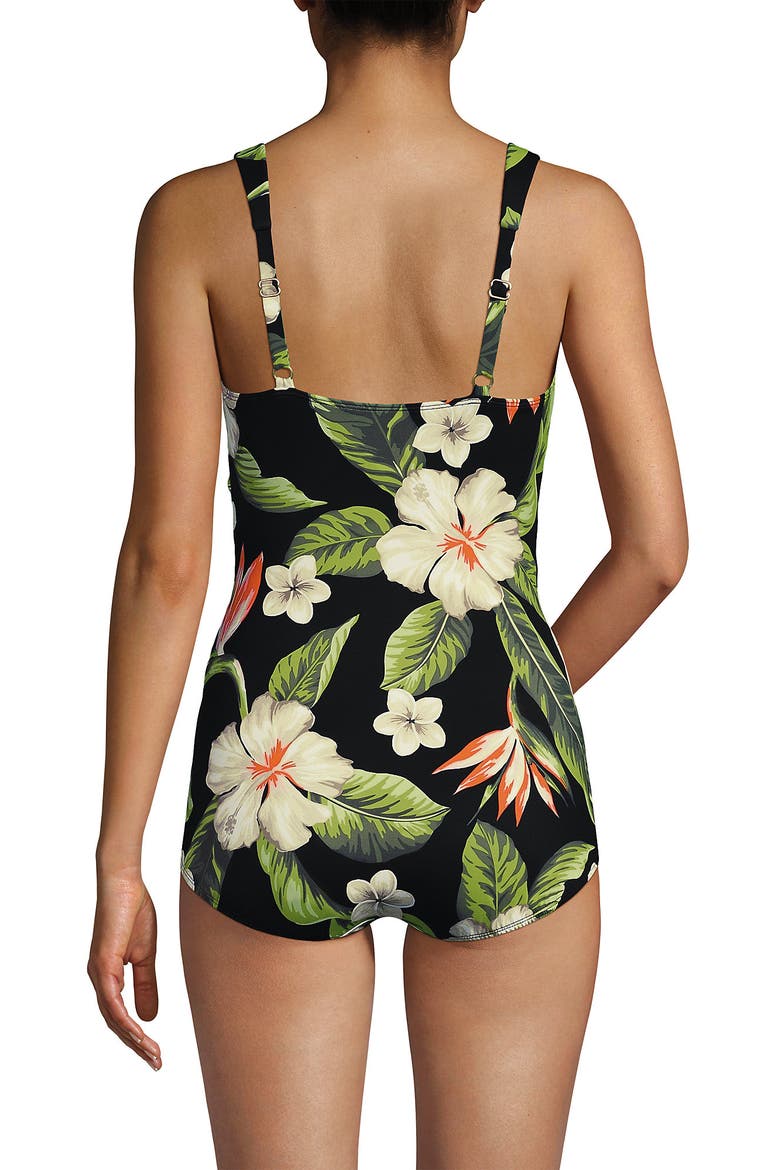 SlenderSuit V-neck Skirted Low Leg One Piece, Alternate, color, Hibiscus Floral/Black
