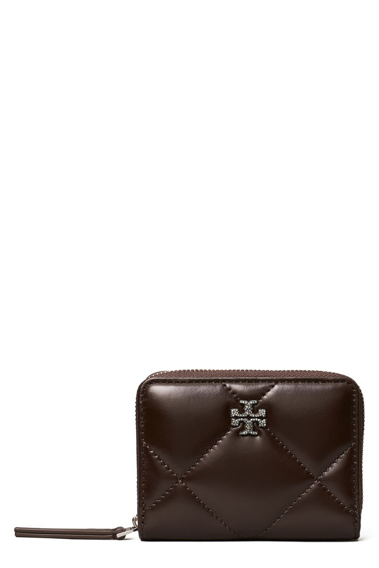 Kira Pavé Diamond Quilted Leather Zip Card Case, Main, color, COCOA