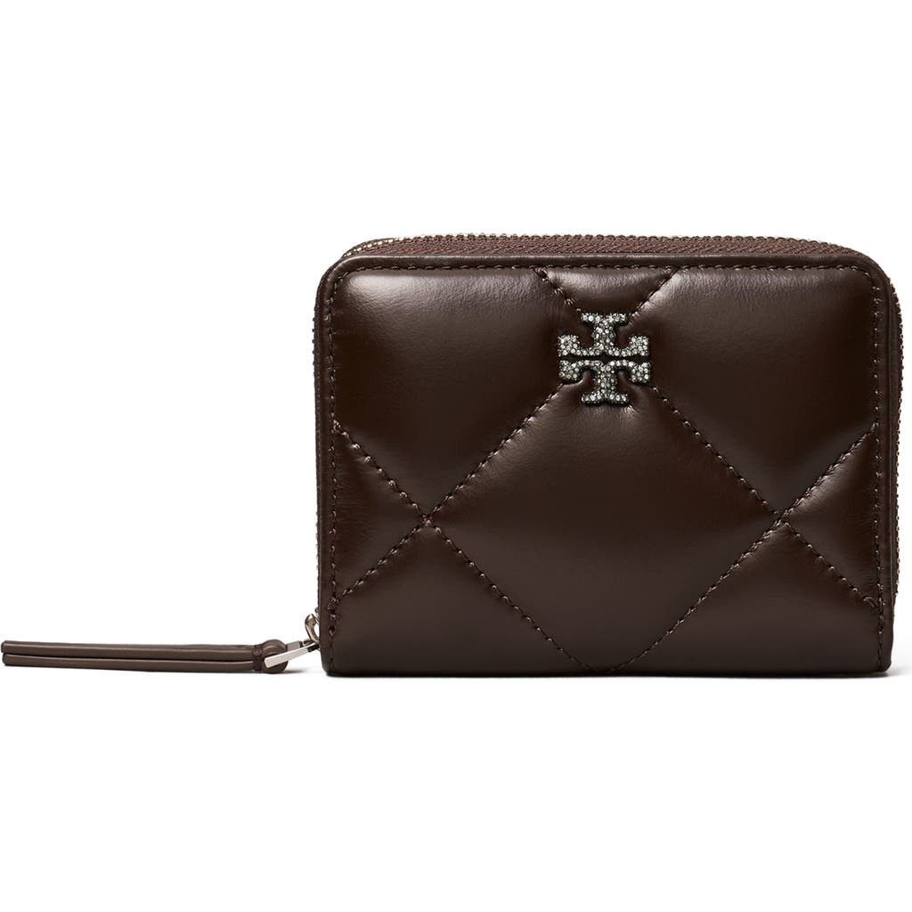 Tory Burch Kira Pavé Diamond Quilted Leather Zip Card Case In Brown