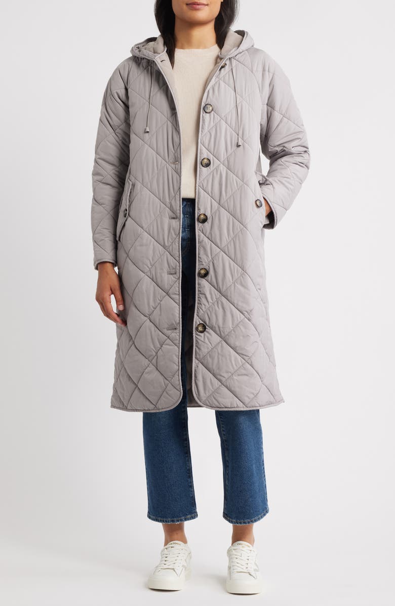 Bernardo Hooded Quilted Longline Jacket, Alternate, color, Ash