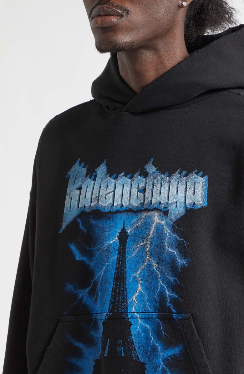 Balenciaga Paris Thunderstorm Medium Fit Dry Fleece Graphic Hoodie, Alternate, color, 1000 Black