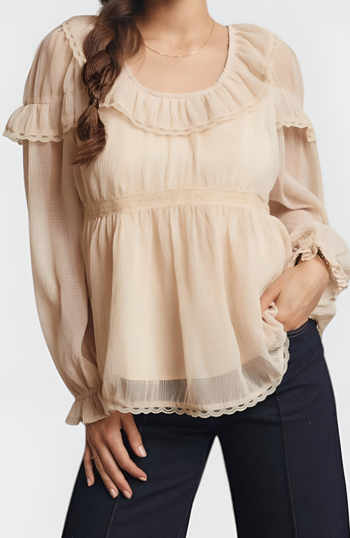Modenaire Ruffled Long Sleeve Blouse With Sheer Finish And Lace Trim In Neutral