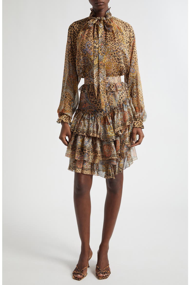 Paisley Leopart Spot Tiered High-Low Silk Miniskirt, Alternate, color, DARK BROWN