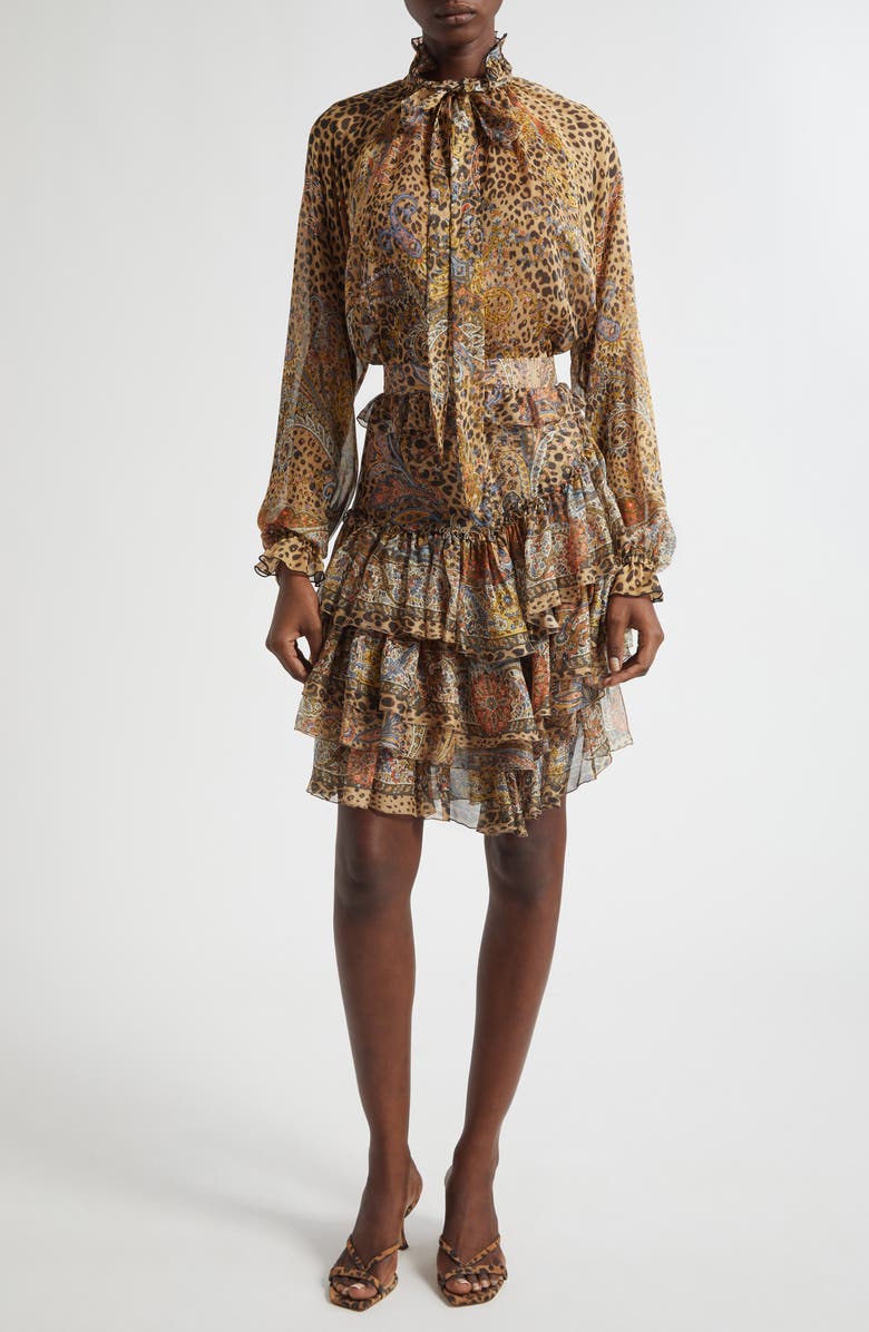 Etro Paisley Leopard Spot Tie Neck Silk Shirt, Alternate, color, Dark Brown