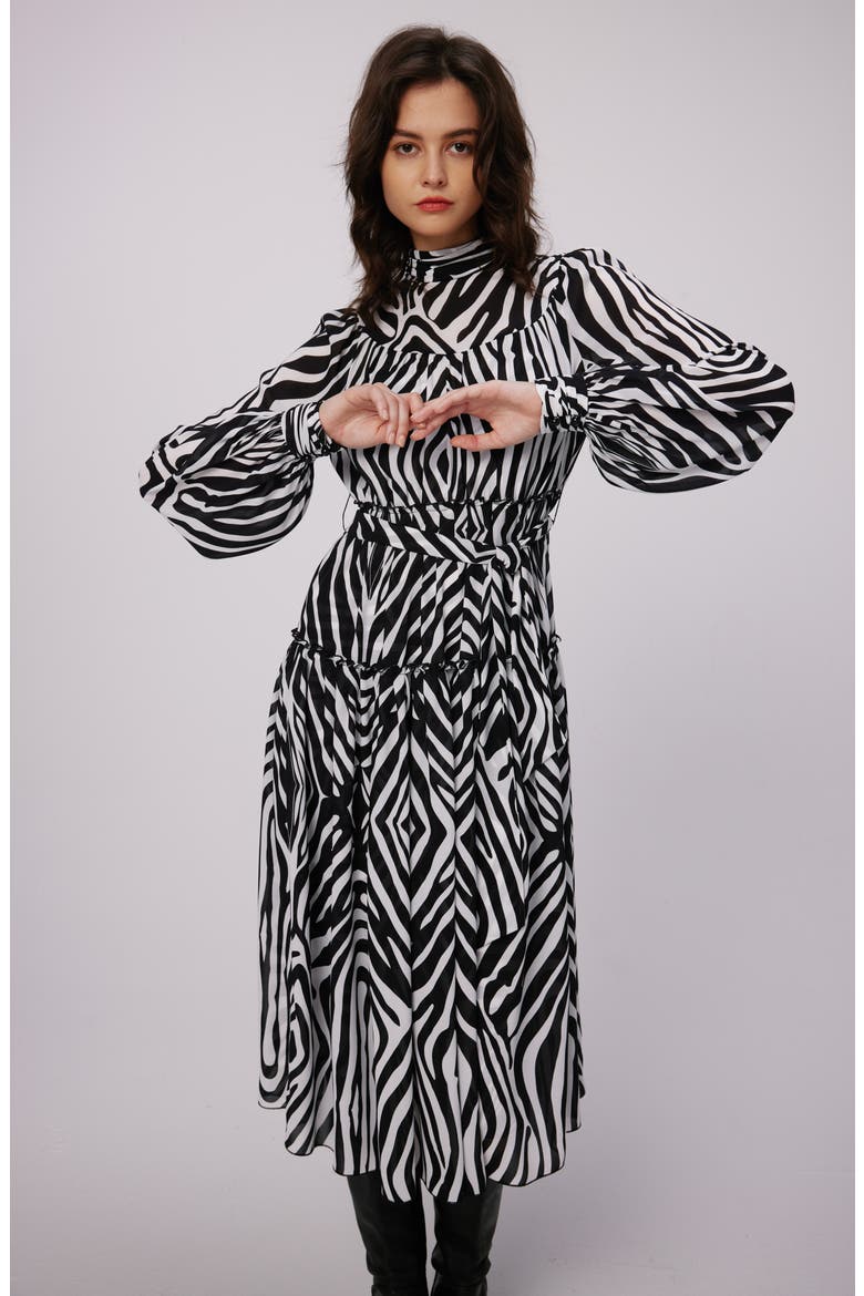 Kent Zebra Print Long Sleeve Midi Dress, Alternate, color, ZEBRA IVORY LG