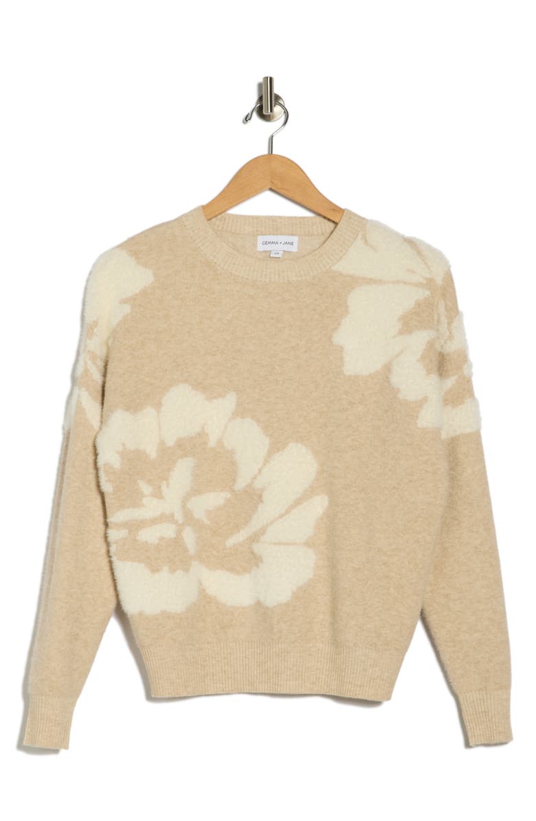 Gemma + Jane Floral Jacquard Crewneck Sweater, Alternate, color, Beige/ Ivory
