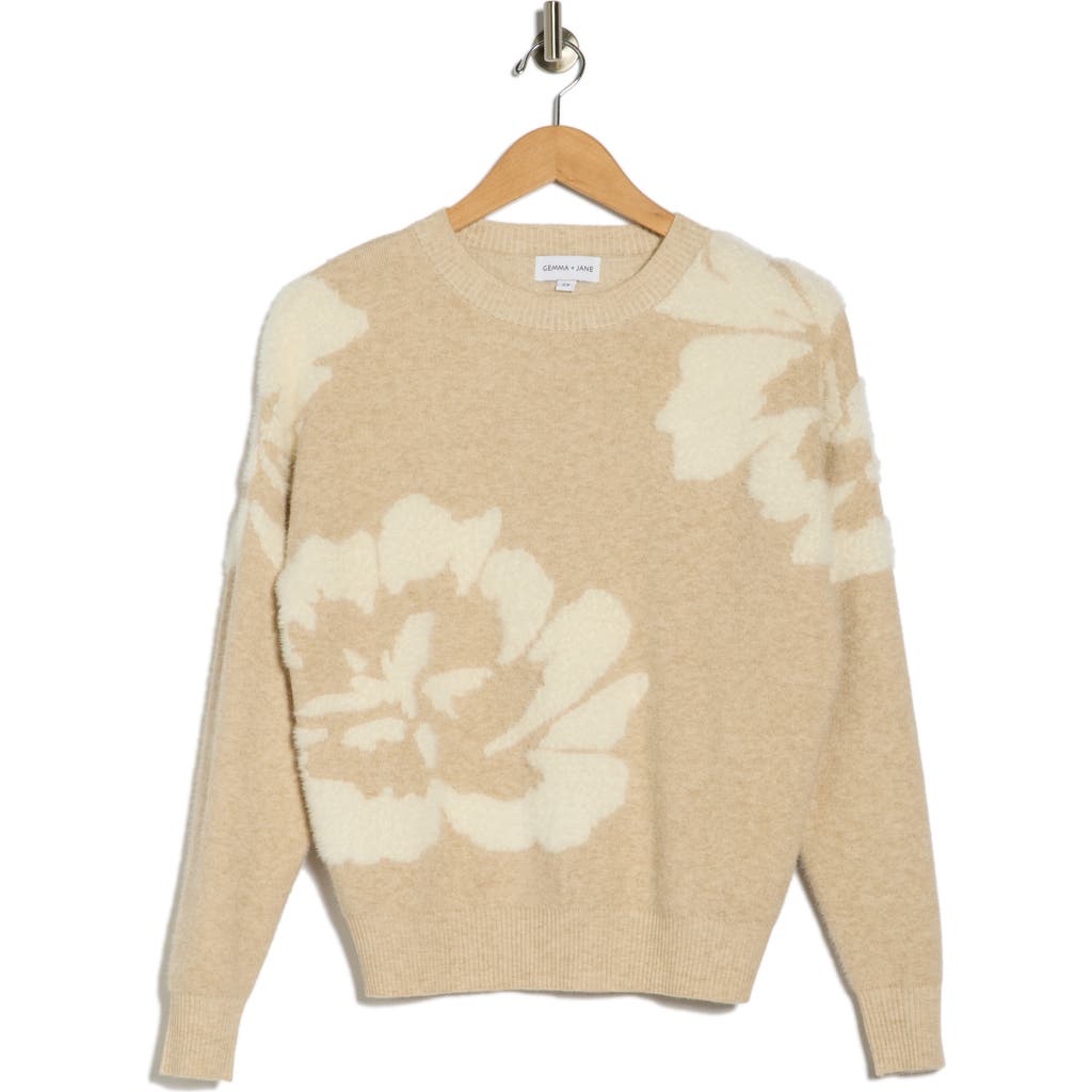 Gemma + Jane Floral Jacquard Crewneck Sweater In Sand