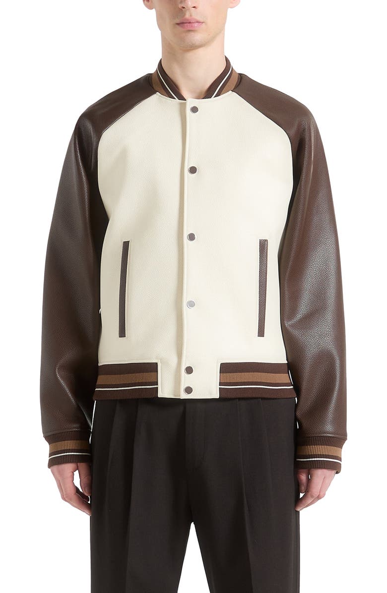 Manière De Voir Guy Contrast Leather Bomber Jacket, Alternate, color, Cream