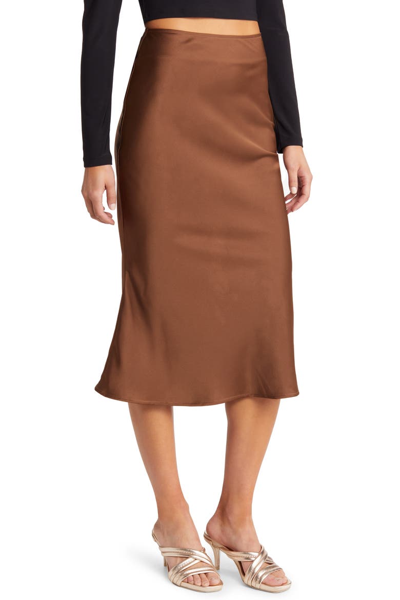 Bias Cut Satin Slip Skirt, Main, color, BROWN