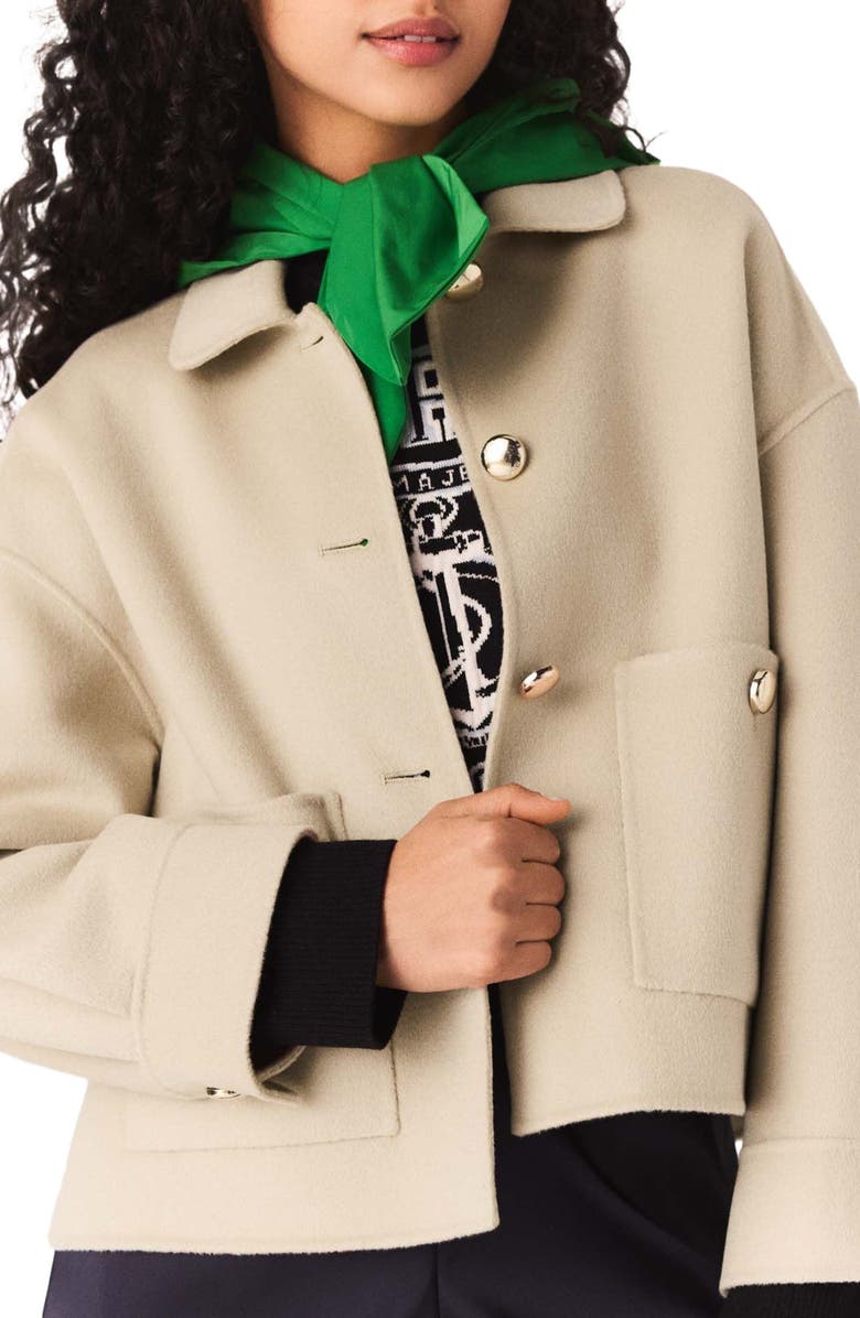 maje Short pleated-back wool jacket, Alternate, color, Beige