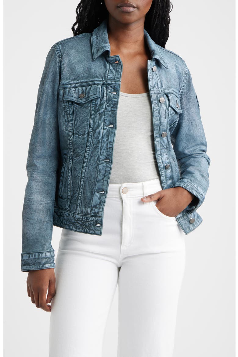 Jessie Denim Look Leather Trucker Jacket, Main, color, TEAL