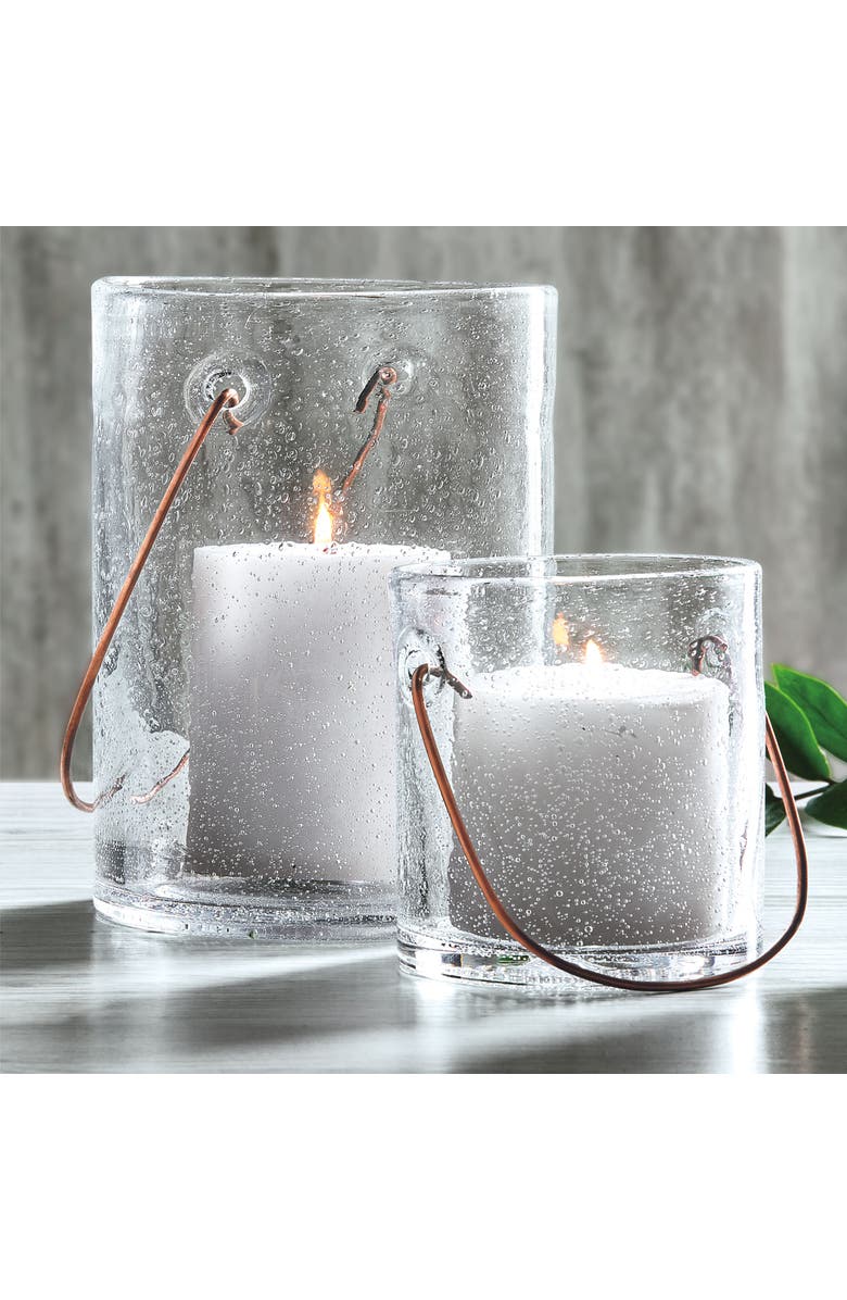 tag Bubble Glass Copper Handle Candle Holder for Pillar Candles, Alternate, color, Clear