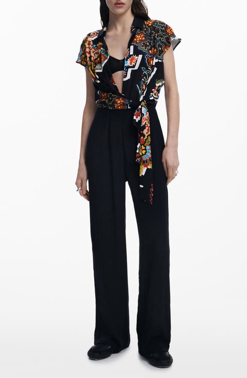 Mix Print Jumpsuit with Tie Front