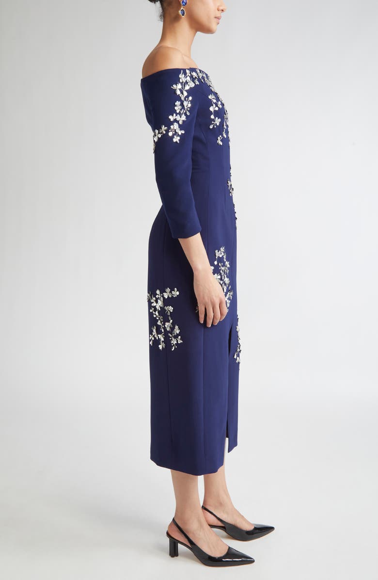 Carolina Herrera Floral Appliqué Off the Shoulder Stretch Crepe Midi Dress, Alternate, color, Midnight