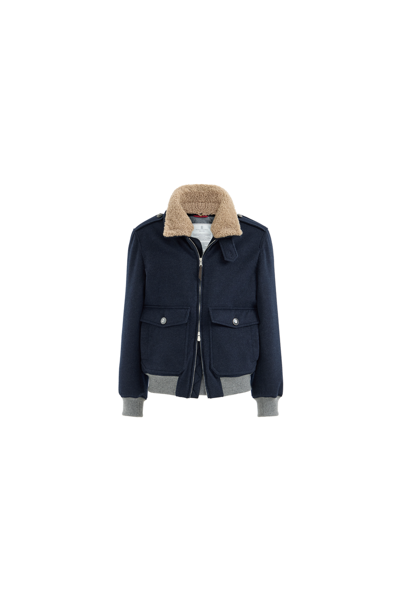Bonded cashmere beaver cloth bomber jacket with Thermore® padding and detachable shearling collar, Alternate, color, Blue