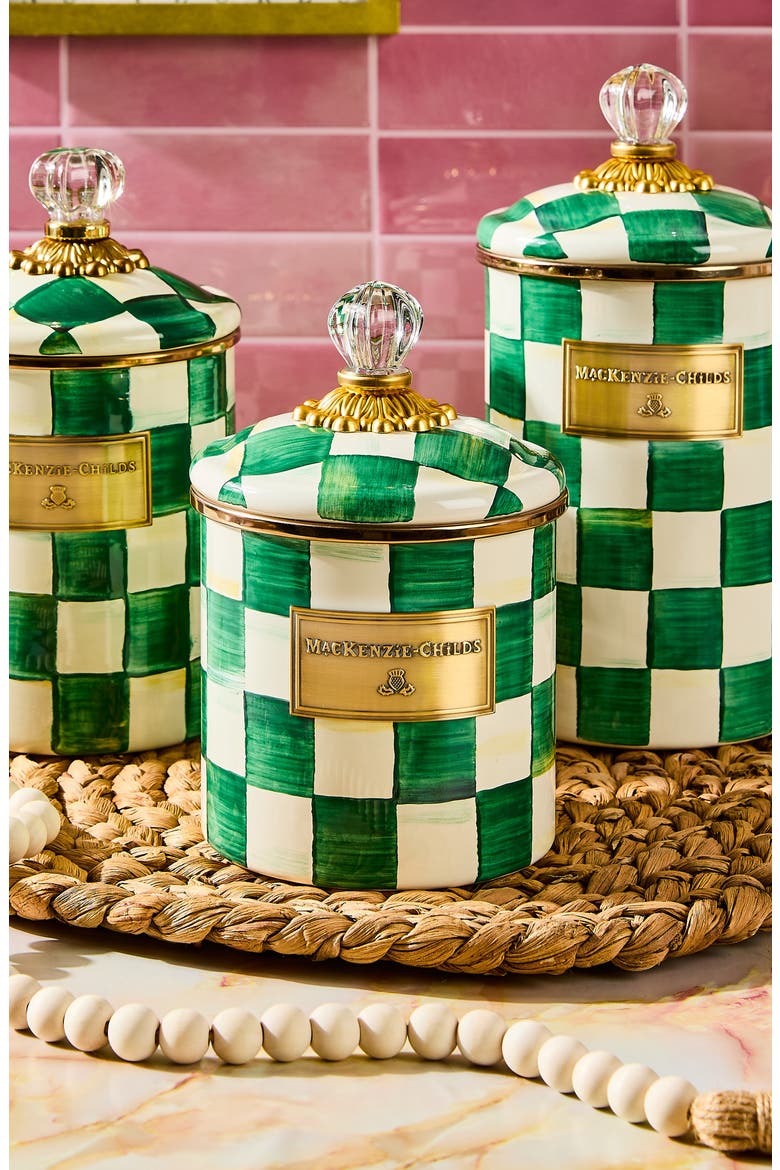 Emerald Check Small Enameled Steel Canister, Alternate, color, EMERALD