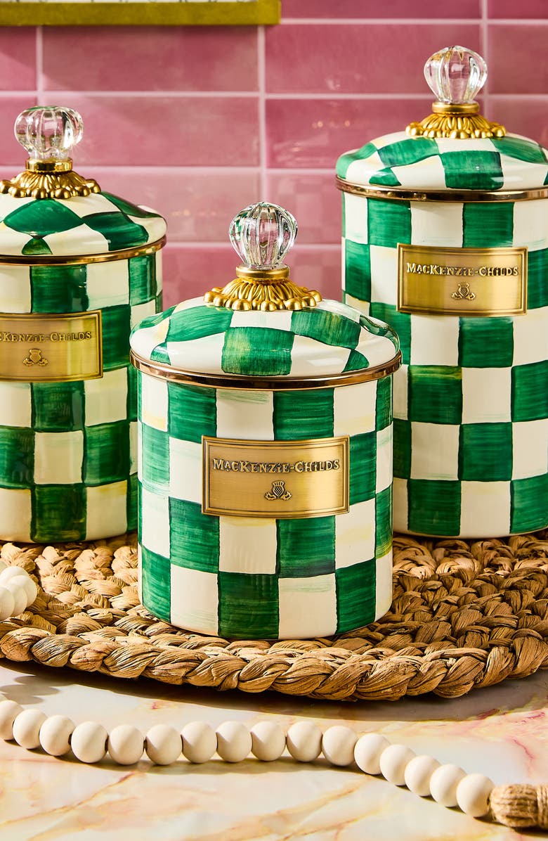 MACKENZIE CHILDS Emerald Check Small Enameled Steel Canister, Alternate, color, Emerald